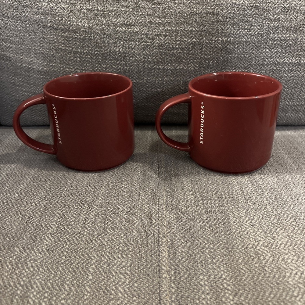 Starbucks 2013 Set Of 2 Mug Ceramic Coffee Red Burgundy White Etched 14 oz New